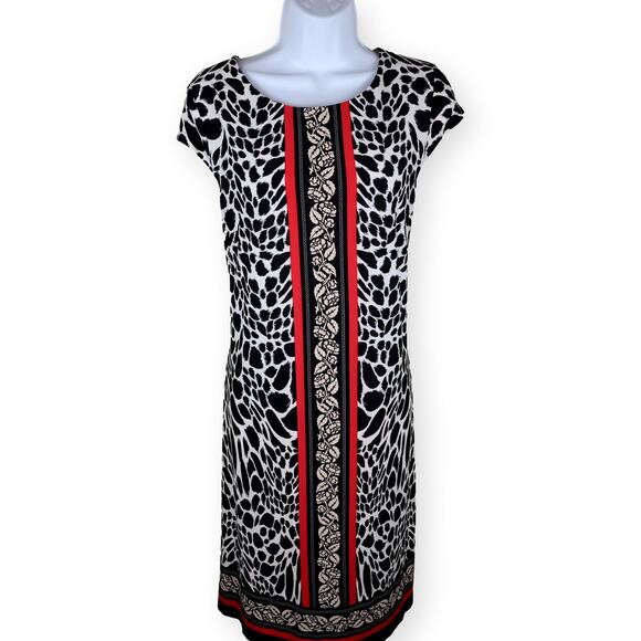 Madison Leigh Black Red Animal Print Jersey Knit Shift Dress 12 - Picture 1 of 5
